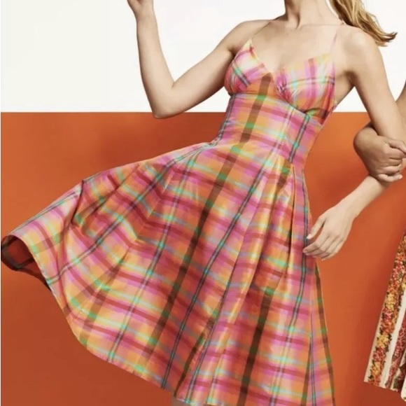 Isaac Mizrahi Size XS 100% Silk Rainbow Plaid Fit & Flare Slip Dress - Picture 2 of 12